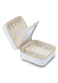 White jewelry box with gold zipper, soft beige interior, features compartments for rings and a small mirror inside the lid.
