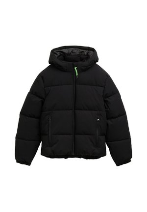 Schwarze gepolsterte Jacke mit Kapuze, ausgestattet mit einem Vorderreißverschluss, zwei seitlichen Taschen und leuchtend grünen Reißverschlussakzenten.