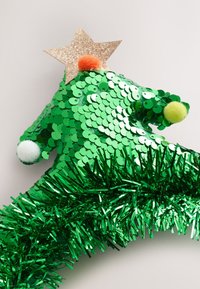 Green sequined Christmas tree decoration featuring a gold star, colorful pom-poms, and shiny green tinsel at the base.