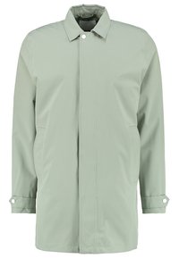 Hellgrauer Mantel mit einreihiger Knopfleiste, umgeschlagenem Kragen, verdeckten Frontknöpfen, Seitentaschen und verstellbaren Manschetten mit Druckknöpfen.