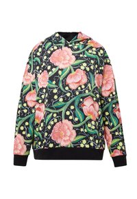 Kapuzensweatshirt mit schwarzem Hintergrund, großen rosa Blumenmustern, grünen Blättern und kleinen gelben Akzenten. Gerippte Bündchen und Saum.