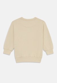 Beige Sweatshirt mit langen, leicht gepufften Ärmeln, einem runden Halsausschnitt und elastischen Bündchen und Saum für eine enganliegende Passform. Einfacher, strukturierter Stoff.