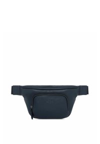 Granatowa skórzana torba na pasek z zamykaną na zamek przednią kieszenią i regulowanym paskiem. Gładka faktura, minimalistyczny design oraz tłoczone logo.