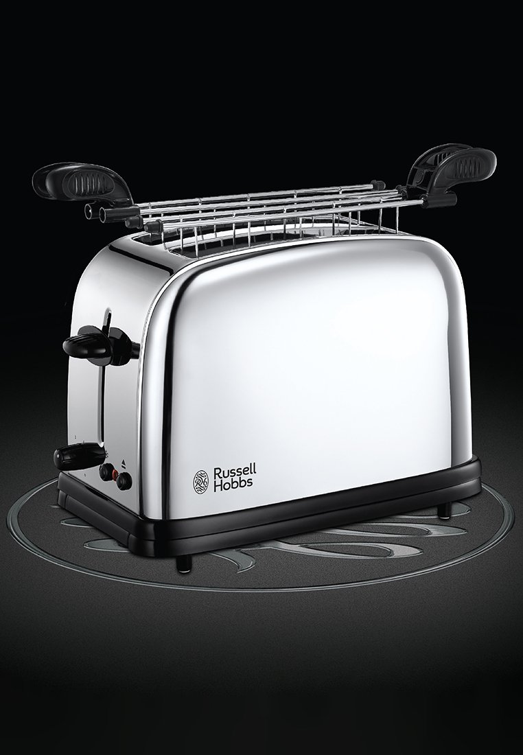Chromtoaster mit elegantem, abgerundetem Design, schwarzem Sockel und zwei Schlitzen. Verfügt über eine einstellbare Bräunungsregelung und eine herausnehmbare Auffangschale.