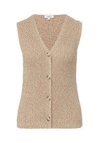 Beige gebreide mouwloze cardigan met V-hals en vier bruine knopen aan de voorkant, gestructureerde stof.
