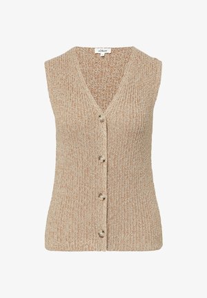 Beige gestrickte ärmellose Strickjacke mit V-Ausschnitt und vier braunen Knöpfen auf der Vorderseite, strukturiertes Material.