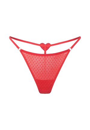Red mesh thong with a heart-shaped center detail, thin straps, and a textured polka dot pattern. Elastic waistband and minimal coverage design.