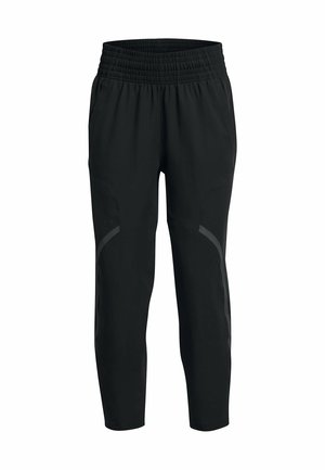 Zwarte sportbroeken met een elastische tailleband, taps toelopende vorm, zachte stof en reflecterende accenten aan de zijkanten. Geen zichtbare zakken.