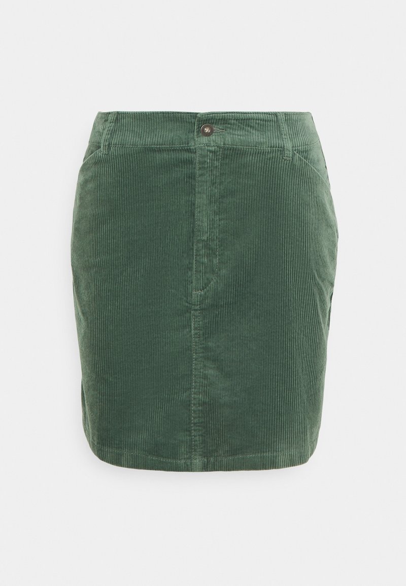 Mini-jupe en velours côtelé vert avec fermeture à boutons et zip à l'avant, passants pour ceinture et poches latérales.