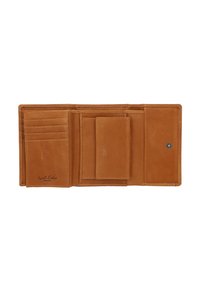 Tan leather wallet with multiple card slots, a central pocket, and a snap closure. Smooth texture with visible stitching and logo detail.