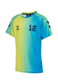 Sportshirt met korte mouwen met een gele naar blauwe kleurverloop, nummer 12 op de borst, zwart hummel-logo en chevronstrepen op de mouwen.