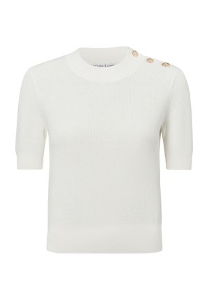Weißer, gestrickter kurzärmeliger Pullover mit gerippter Textur, rundem Ausschnitt und drei dekorativen goldfarbenen Knöpfen an der linken Schulter.