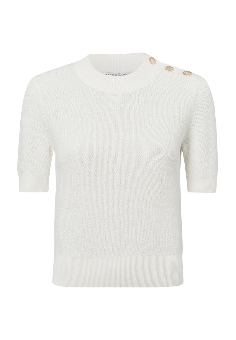 Witte gebreide sweater met korte mouwen, met een geribbeld patroon, een ronde halslijn en drie decoratieve knopen in goudkleur aan de linker schouder.