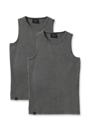 Dos camisetas sin mangas sencillas de color gris oscuro con cuello redondo, colocadas planas, una ligeramente superpuesta sobre la otra sobre un fondo blanco.