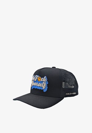 Black trucker cap with mesh back, featuring embroidered text in blue and white says “F*** Yourself” with a yellow smiley face.