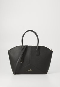 Black synthetic leather tote bag with dual handles and an adjustable shoulder strap. Features a geometric design and gold logo detail.