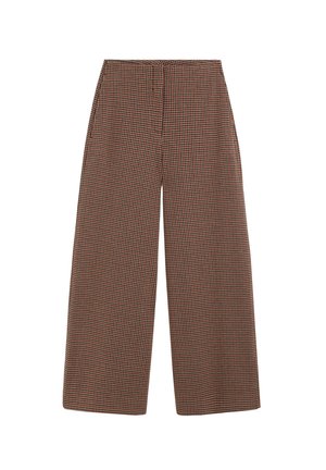 Pantalones de pierna ancha a cuadros en tonos marrones y rojos con cintura elástica, que cuentan con una textura suave y un diseño casual, cortados a la altura del tobillo.