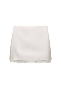 Witte minirok met een gladde textuur, met een delicate kanten rand aan de onderkant versierd met kleine pailletten. Eenvoudig en recht design.