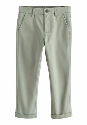 Pantalon vert clair fuselé avec ourlets retroussés, bouton à l'avant, poches latérales et passants pour ceinture, présenté sur un fond blanc.