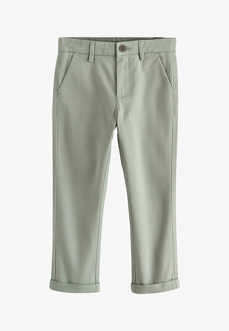 Pantalon vert clair fuselé avec ourlets retroussés, bouton à l'avant, poches latérales et passants pour ceinture, présenté sur un fond blanc.