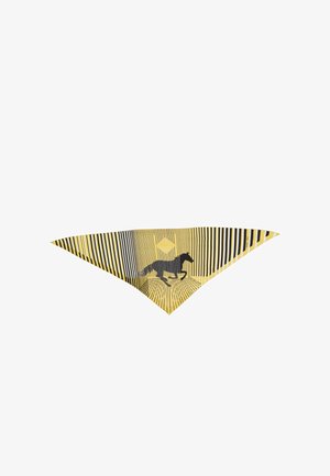 Gele driehoekige sjaal met zwarte verticale strepen en een zwarte silhouet van een rennend paard in het midden.
