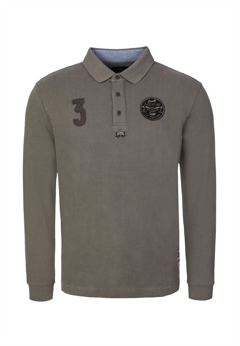 Long-sleeve polo shirt in olive green. Features a collared neck, buttons, embroidered logo, and number 3 patch on the chest. Cotton material.
