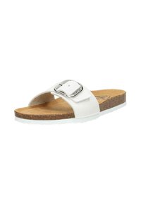 White slip-on sandal with a silver buckle, cork footbed, and textured sole, positioned on a light background.