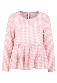 Blusa a maniche lunghe in gingham rosa e bianco con scollatura tonda e orlo a balze sovrapposte.