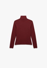 Bordeaux turtleneck sweater van een zachte, textuurstof. Heeft lange mouwen en een aansluitende pasvorm met een hoge kraag.