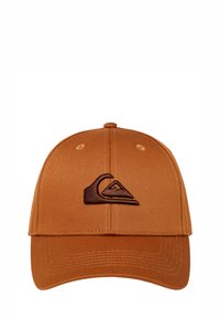 Gorra de béisbol marrón hecha de un tejido estructurado, con un logotipo de ola marrón oscuro bordado en la parte frontal. Textura lisa, diseño de seis paneles.