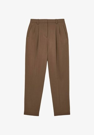 Pantaloni maro, croiți la talie înaltă, cu pliuri, buzunare laterale, găici pentru curea și croială conică a pantalonului.