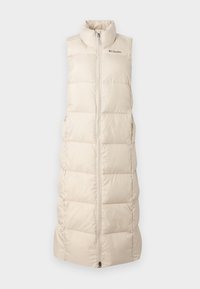 Beige, mouwloze puffer vest met een hoge kraag, ritssluiting, quilted textuur en subtiele logo detail op de borst. Lichtgewicht ontwerp.