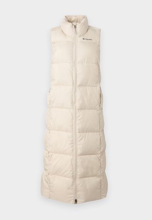 Beige, sleeveless puffer vest with a high collar, zip closure, quilted texture, and subtle logo detail on the chest. Lightweight design.