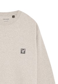 Camicia a maniche lunghe in cotone grigio chiaro con collo a giro, piccolo logo quadrato scuro con un uccello sulla parte sinistra del petto.