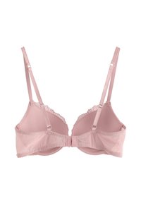 Vaaleanpunainen pitsireunuksilla varustettu rintaliivi, jossa on pehmustetut kupit, säädettävät olkaimet ja takana koukku suljenta. Silkkinen kangas, jossa on hienovarainen kiilto.