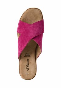 Pink suede slide sandal with crisscross design, cushioned tan insole, and visible brand logo. Features rounded toe and open back.
