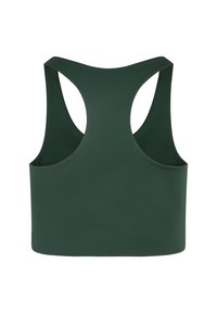 Mørkegrønn sports-BH med racerback, brede skulderstropper og glatt stoff, vist bakfra på hvit bakgrunn.