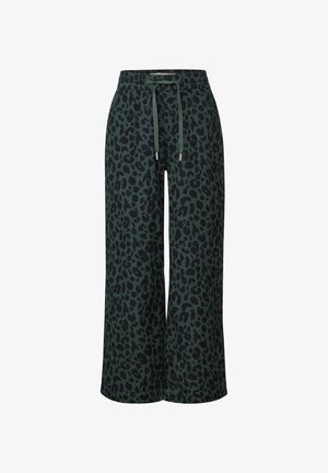 Pantaloni a gamba larga verde scuro con stampa leopardata nera. Realizzati in tessuto morbido, con vita elasticizzata e vestibilità ampia.