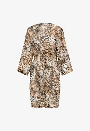 Lichtgewicht knielange badjas met lange mouwen, V-hals, trekkoord in de taille en gemengde luipaardprint in bruine, beige, zwarte en witte tinten.