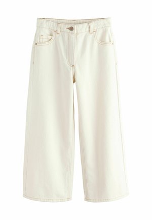 Vaaleankermanväriset, korkeavyötäröiset, leveälahkeiset farkut, joissa on etunappi, vetoketjullinen suljenta, vyölenkit ja kaksi etutaskua.