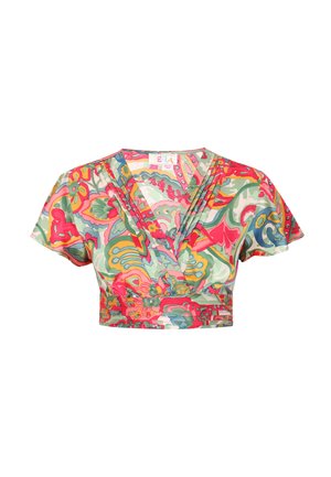 Kolorowy krótki top z krótkim rękawem, z głębokim dekoltem w kształcie litery V, marszczony z przodu, z żywym, abstrakcyjnym wzorem kwiatów i spiral w kolorach różowym, zielonym, żółtym i niebieskim.