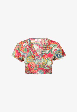 Színes rövid ujjú crop top mély V-nyakkivágással, elöl gyűrt és élénk, absztrakt virágos és spirális mintával rózsaszín, zöld, sárga és kék színekben.