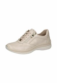 Hellbeige Leder-Sneaker mit Schnürdesign, seitlichem Reißverschluss, strukturiertem Obermaterial und gepolsterter Sohle. Verfügt über subtile Nähte.