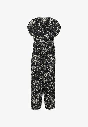 Juodas šortų rankovių jumpsuit'as su V formos iškirpte, elastinga juosmena ir baltu gėlių raštu. Platus kojų dizainas su diržu juosmeniui.