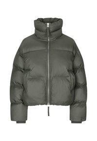 Grå puffjacka med hög krage, dragkedja, elastiska manschetter och en kortad design. Har fyrkantiga quiltade sektioner och mjuk tygtextur.