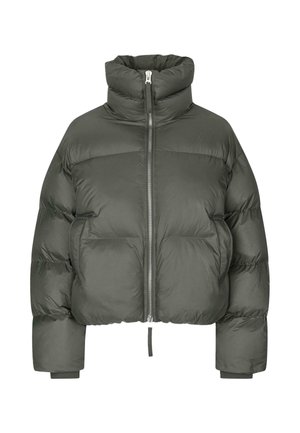 Giubbotto trapuntato grigio con collo alto, chiusura con zip, polsini elasticizzati e design cropped. Presenta sezioni trapuntate a forma quadrata e una morbida texture del tessuto.