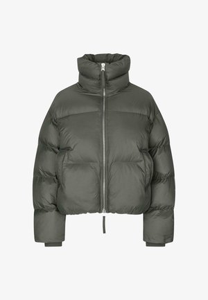 Grijze pufferjack met een hoge nek, ritssluiting, elastische manchetten en een cropped ontwerp. Bevat vierkante doorgestikte secties en een zachte stofstructuur.