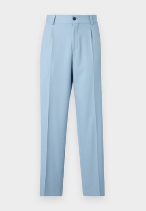 Light blue trousers made of smooth fabric, featuring a straight leg design, front pleats, and a single button closure at the waistband.