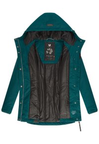 Veste imperméable teal avec capuche, dotée d'une doublure noire et d'un intérieur à motifs. Comprend des pressions et des zips, ainsi qu'un affichage de l'étiquette intérieure.
