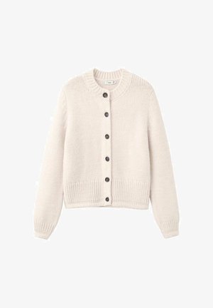 Cárdigan de punto color crema con cuello redondo, tejido texturizado, mangas largas y seis botones oscuros a lo largo del frente. Dobladillo de canalé.